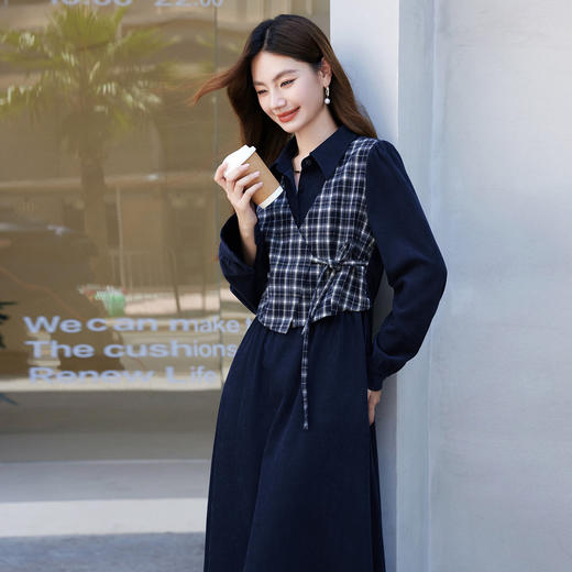 【年货节】熙世界学院风格纹拼接假两件连衣裙女秋冬气质收腰梨形伯克利裙子 商品图2