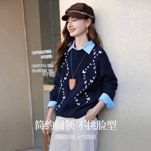 【11/14新品】熙世界仿牛绒蝴蝶刺绣针织衫女2025秋冬新款圆领宽松复古绞花毛衣 商品图1