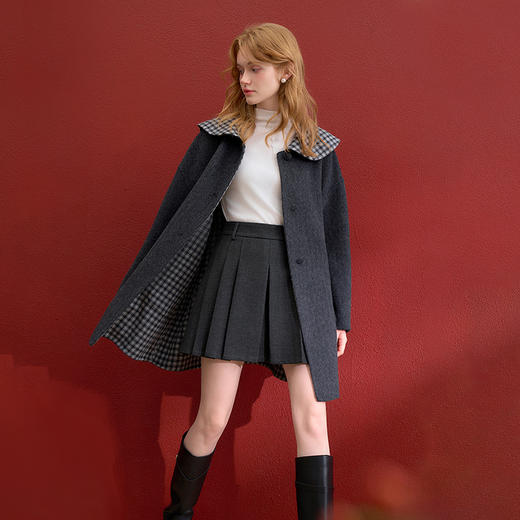 西遇减龄娃娃领双面呢毛呢外套女冬季复古撞色格纹呢子大衣H0055304 商品图2