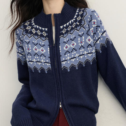 【11/14新品】熙世界复古北欧风费尔岛毛衣开衫女秋冬长袖双拉链提花针织短外套 商品图3