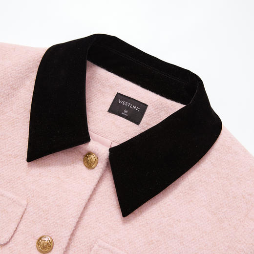 西遇撞色丝绒粉色小香风套装女冬季金扣正肩短外套A字百褶裙V4155413 商品图5