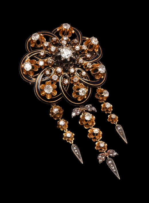 独角鹿西洋古董1850-1870年代欧洲出品18K黄金镶嵌钻石及珐琅花卉流苏造型胸针 商品图3