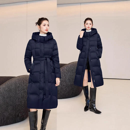 ASE 7765时尚简约纯色过膝外套连帽系带显瘦长款 商品图1