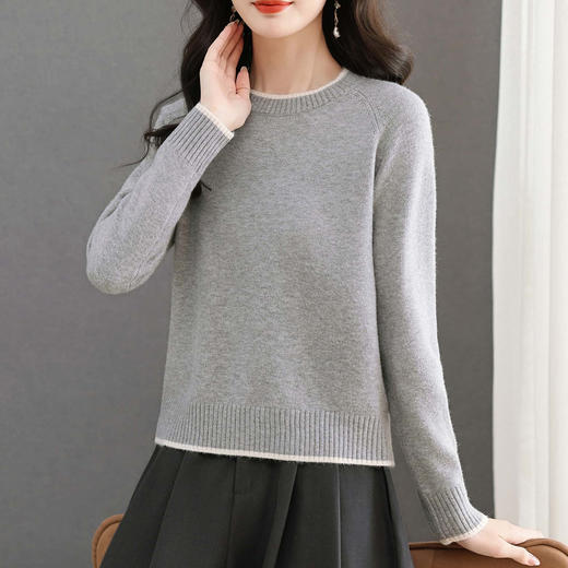 洋气圆领毛衣，宽松显瘦针织打底衫拼色内搭上衣CC-tbrk-1822 商品图1
