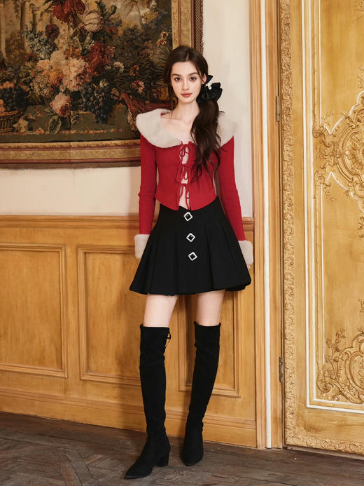 红色宽圆领可拆式环保皮草修身针织上衣 商品图1