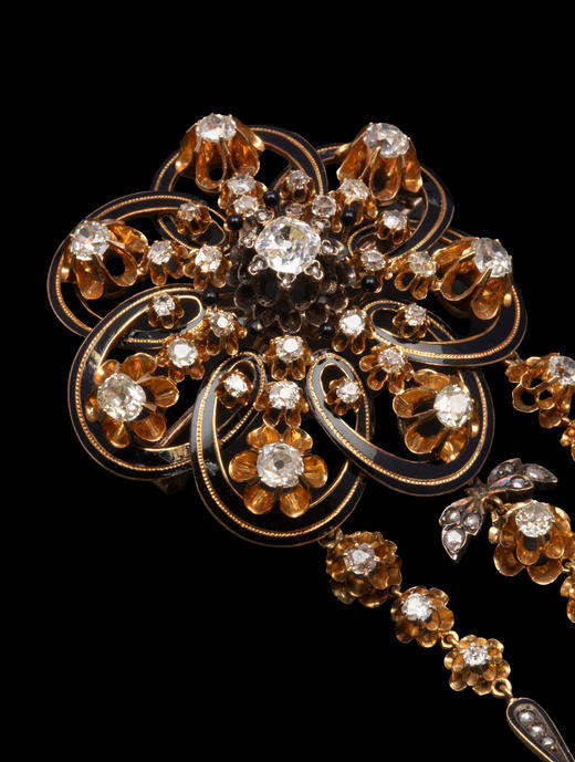 独角鹿西洋古董1850-1870年代欧洲出品18K黄金镶嵌钻石及珐琅花卉流苏造型胸针 商品图4