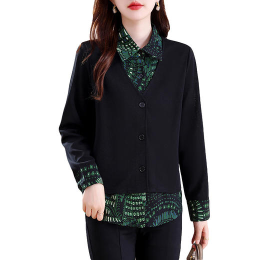 KQL E324N1781假两件针织衫气质绿花衬衫拼接打底衫 商品图4