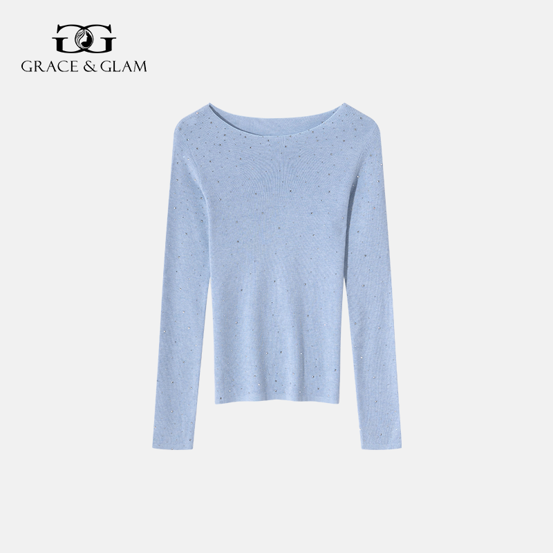 Grace&Glam 一线成衣满钻一字领精纺羊毛衫