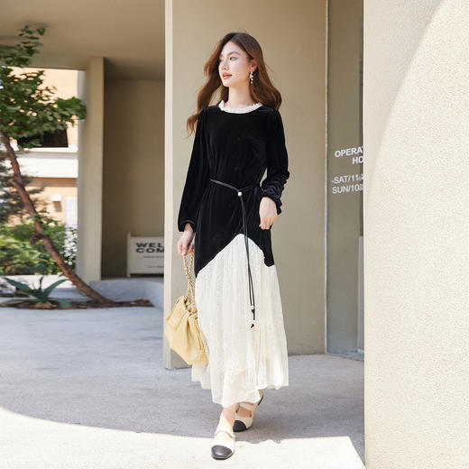 【11/14新品】熙世界优雅赫本千金风亮片网纱拼接黑色丝绒连衣裙女2025秋冬新款 商品图4