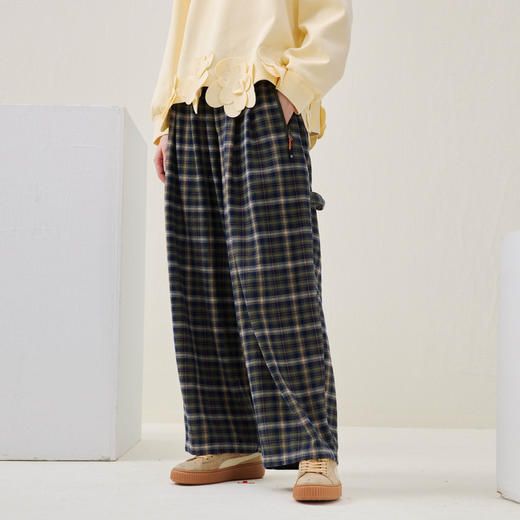谜底阔腿裤长裤2025年冬季新品复古格纹橡筋后腰撞色女254MK1692 商品图1