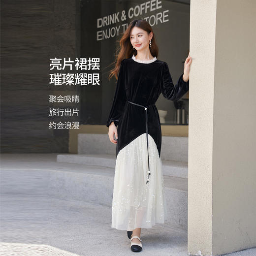 【11/14新品】熙世界优雅赫本千金风亮片网纱拼接黑色丝绒连衣裙女2025秋冬新款 商品图2