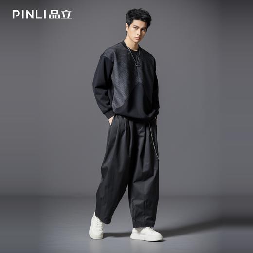 PINLI品立2025秋季新款宽松圆领拼料落肩套头卫衣青年上衣潮牌男B253109101 商品图1