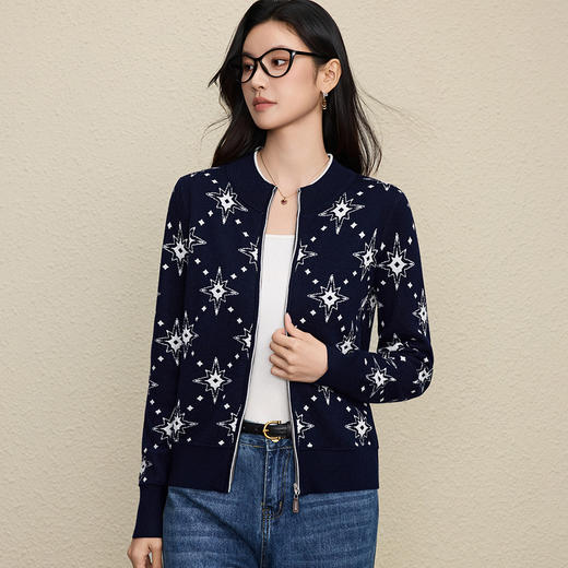 「自」全新升级【铂金会员284/天猫379/差价95】(14202)洛诗琳重工提花星星图案羊毛开衫2025秋冬立领拉链外套女 商品图1