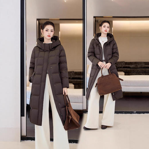 ASE 7765时尚简约纯色过膝外套连帽系带显瘦长款 商品图0