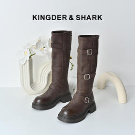 经典鲨2025年冬季专柜新品百搭圆头加绒潮酷长筒靴骑士靴女KW178-558101