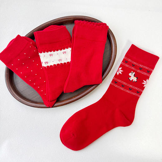 新年红色系袜子蝴蝶结点子中筒袜-纪念日百货门店同款167746074 商品图1