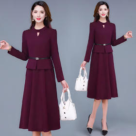 QYM 25AS27成熟优雅风酒红色针织连衣裙收腰A字裙气质裙