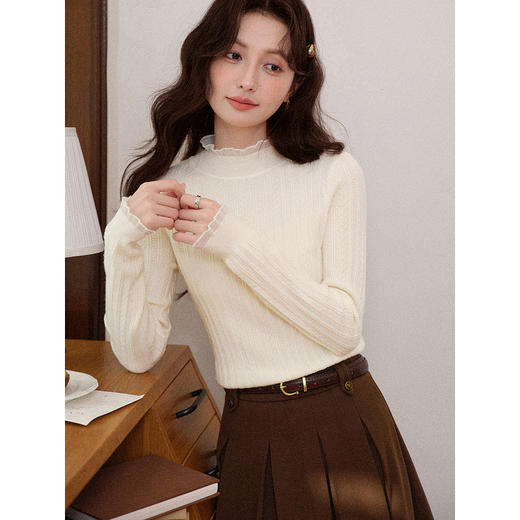 鹿向南「月素织云」杏色蕾丝拼接半高领毛针织衫秋冬季内搭上衣女 商品图0