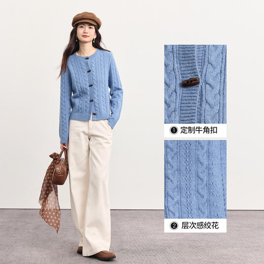 【11/14新品】熙世界超好看蓝色牛角扣毛衣开衫女秋冬圆领北极绒麻花针织短外套 商品图2
