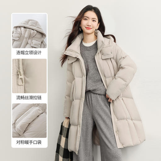 【年货节】熙世界灰色中长款白鸭绒羽绒服女2025冬季超好看防寒保暖连帽外套 商品图1