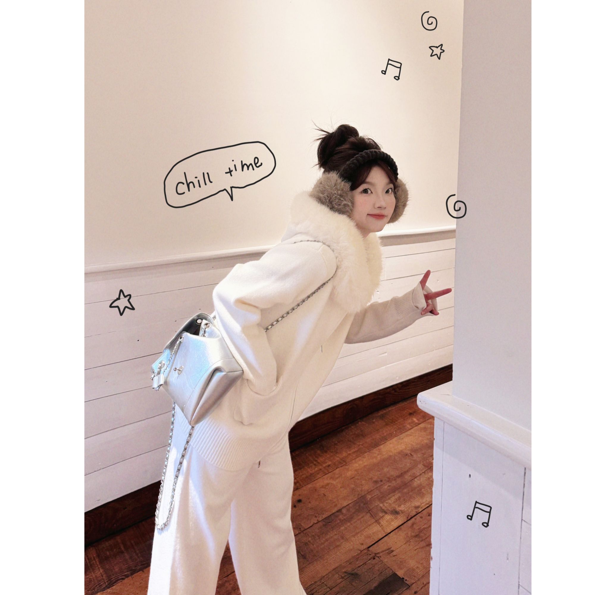 25AW上新 蕾蕾同款【绵绵芝士】带毛领宽松针织外套+宽边全松紧高腰阔腿针织裤