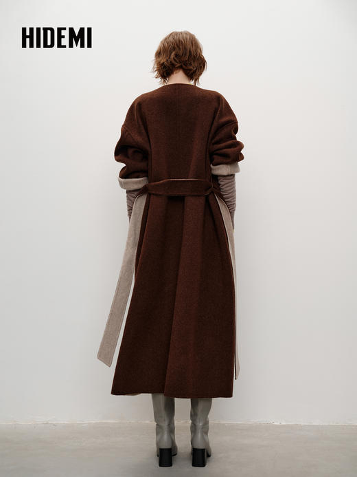 HIDEMI 进口美利奴羊毛撞色双面呢大衣圆领浴袍腰带长款外套 咖啡色撞燕麦米 商品图6