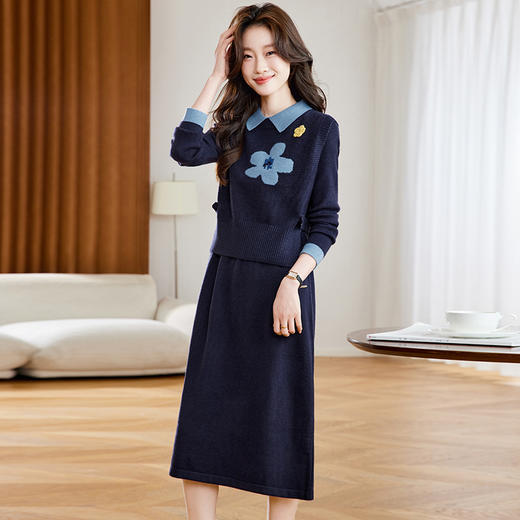 高级感翻领针织连衣裙，刺绣中长款小个子毛衣裙马甲背心两件套装CC-22-2826 商品图1