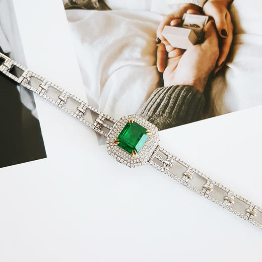 【天然正品】AU750收藏级白金豪镶钻镶天然3.28克拉微油木佐绿祖母绿手链、吊坠项链两用款吊坠：21.4*14.2*9.4MM / 手链：16.5CM女士011125JJ03 商品图2