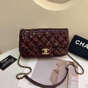 Chanel CF 大mini 酒红色 漆皮拼皮 斜挎包