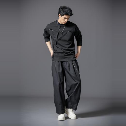 PINLI品立春季新款男士宽松立领亮片织带长袖T恤上衣体恤潮牌B253111106 商品图4