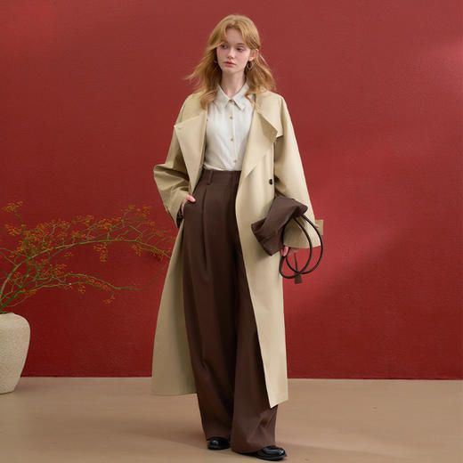 西遇韩系大翻领风衣外套女冬新款高级感系带收腰显瘦长款大衣H0055253 商品图3