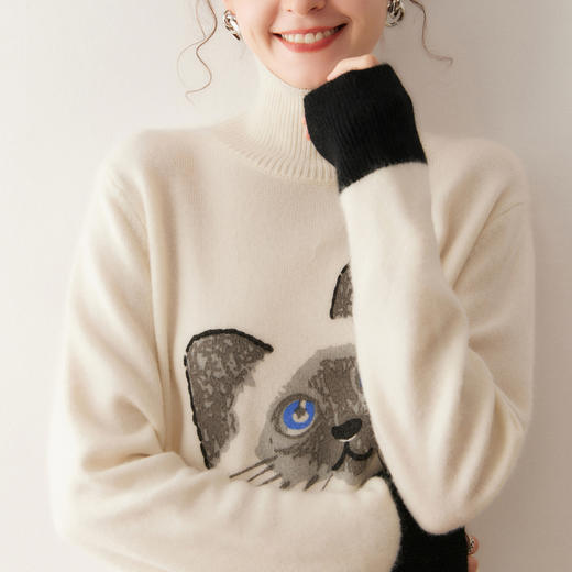 「自」全新升级【铂金会员487/天猫659/差价172】(11649)洛诗琳新款小猫提花羊绒衫2025秋冬宽松通勤百搭中长款毛衣 商品图3