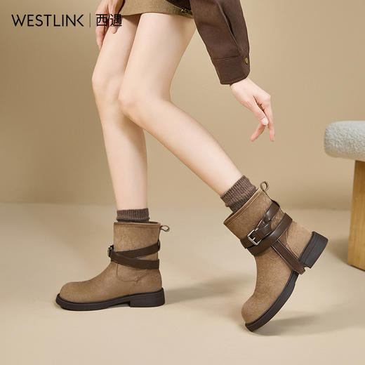 西遇美拉德短靴女秋冬复古棕色西部牛仔靴圆头厚底英伦马丁靴V2257284 商品图3