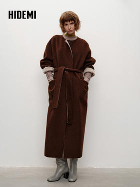 HIDEMI 进口美利奴羊毛撞色双面呢大衣圆领浴袍腰带长款外套 咖啡色撞燕麦米
