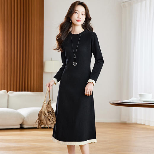 高级感黑色针织连衣裙，小众别致裙子内搭中长款毛衣裙CC-22-2822 商品图0