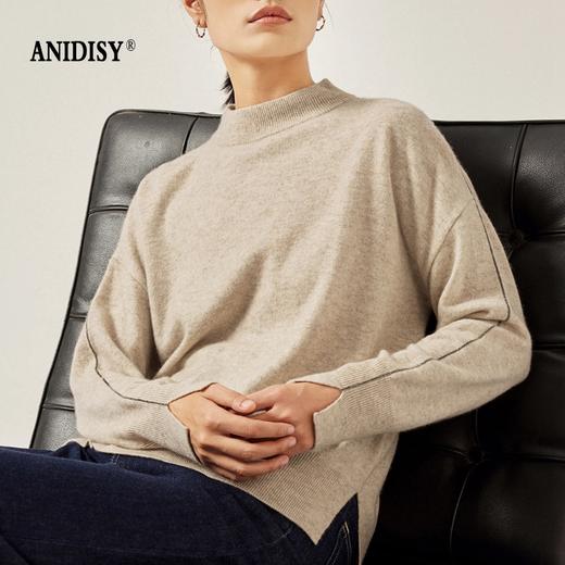 山羊绒圆领落肩长袖侧开叉套头毛衣 商品图2