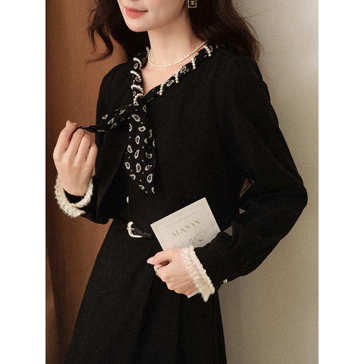 鹿向南「璀璨星河」法式黑色长袖连衣裙女秋冬新款优雅气质长裙子 商品图3