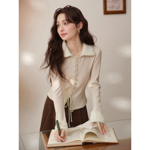 鹿向南「细针织柔」杏色翻领长袖毛针织衫秋冬新款温柔百搭上衣女 商品图1
