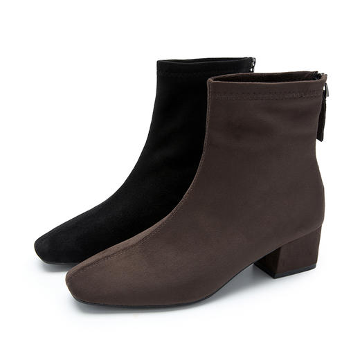 西遇法式瘦瘦靴女新款秋冬单靴配裙子绒面黑色粗跟巨好看短靴V2257248 商品图4