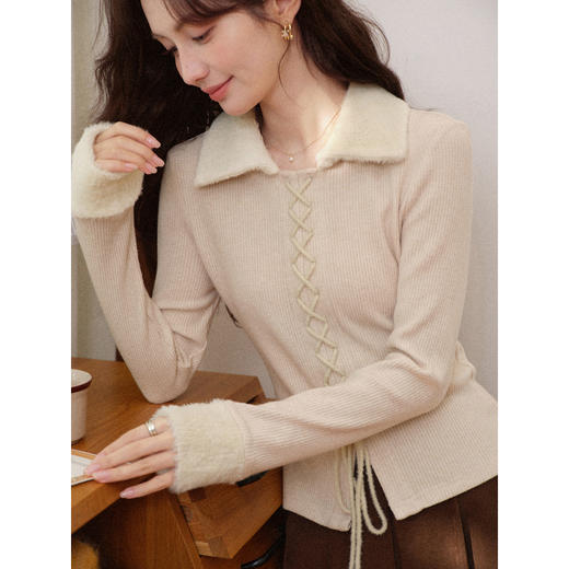 鹿向南「细针织柔」杏色翻领长袖毛针织衫秋冬新款温柔百搭上衣女 商品图0