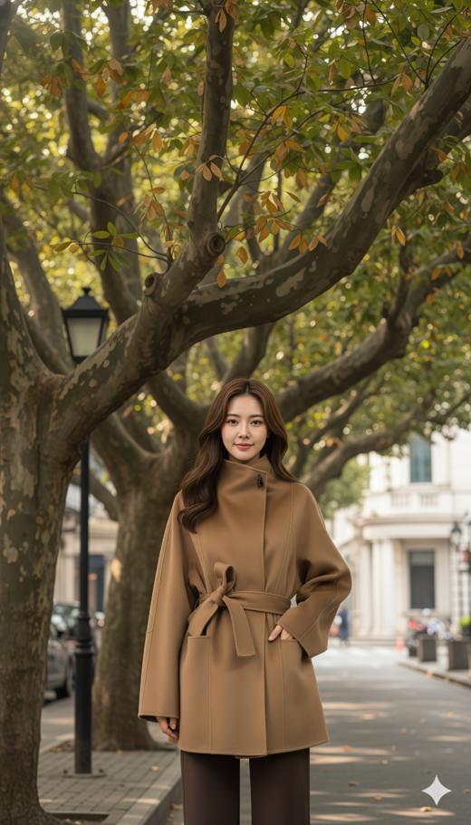 一粒扣立领简约珠边双面手工大衣（附腰带） 商品图4