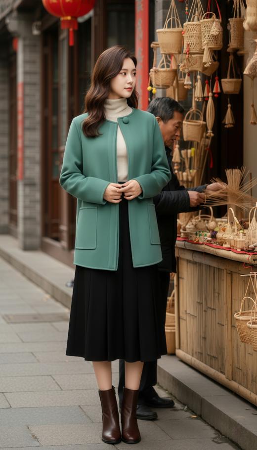 圆领门襟造型茧型极简短款双面手工大衣 商品图0