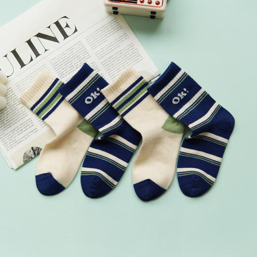 【2双装】【5-7岁】儿童四季棉袜中长筒AB棉袜中童条纹袜子【6双6折 2523205】 商品图1