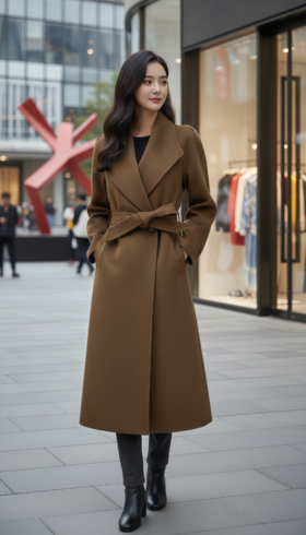 廓形翻领肩造型长款大衣（附腰带）