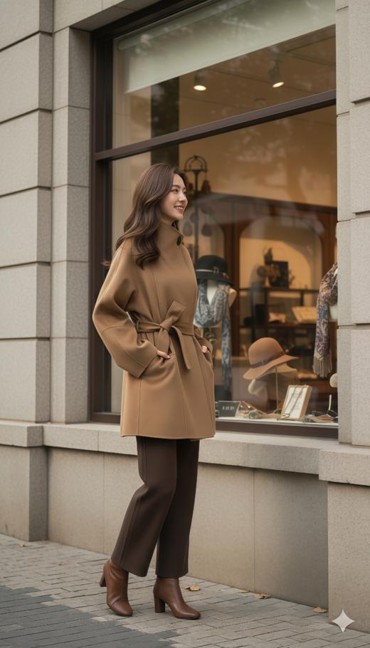 一粒扣立领简约珠边双面手工大衣（附腰带） 商品图0