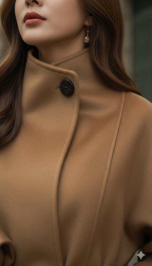 一粒扣立领简约珠边双面手工大衣（附腰带） 商品图2