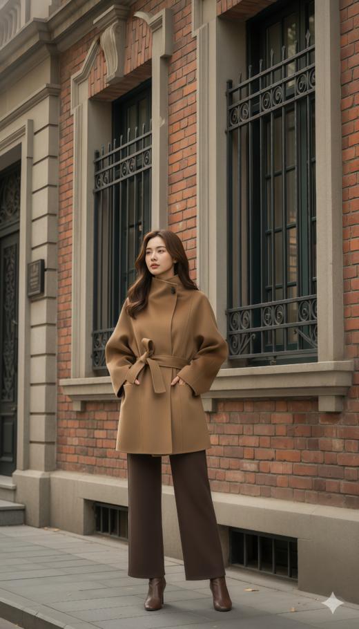 一粒扣立领简约珠边双面手工大衣（附腰带） 商品图3