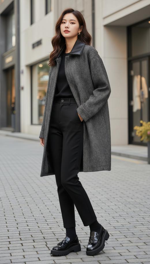 翻领领撞色夹克款短大衣 商品图0