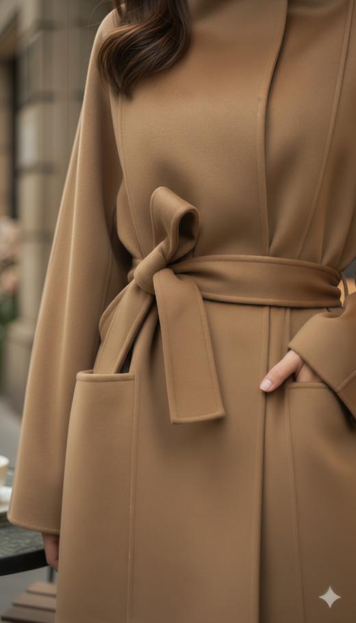 一粒扣立领简约珠边双面手工大衣（附腰带） 商品图1