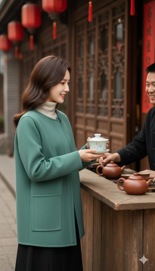 圆领门襟造型茧型极简短款双面手工大衣 商品图2